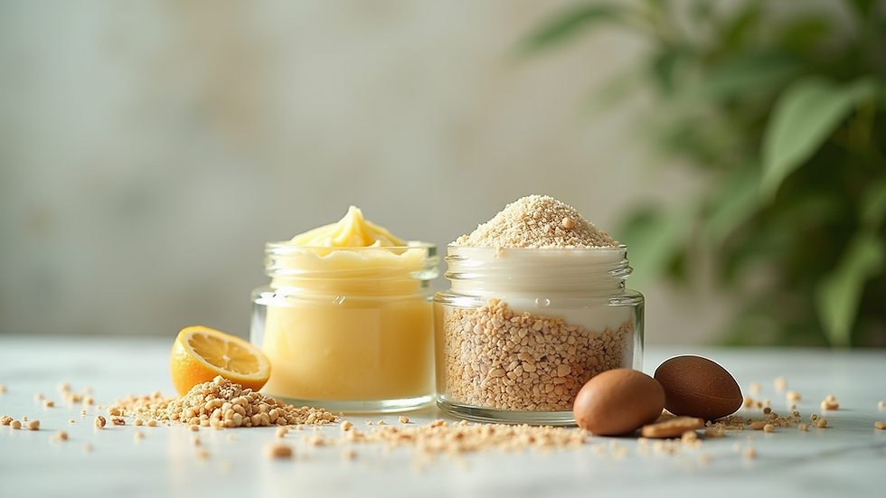 Close-up view of natural skincare ingredients in glass jars