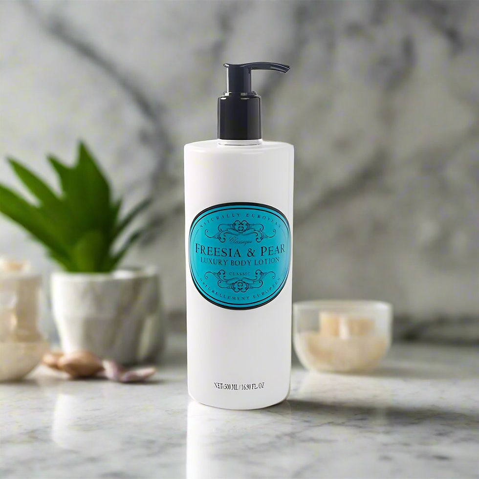Freesia and Pear luxury body lotion on bathroom shelf.