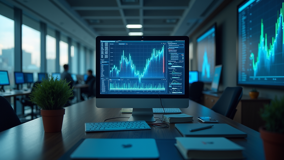 Eye-level view of a modern office with digital screens displaying analytics