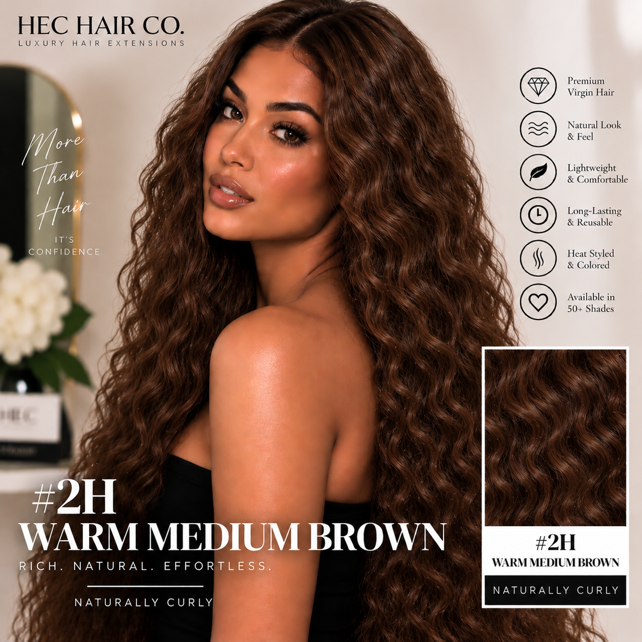 HEC Hair #2H Warm Medium Brown Naturally Curly