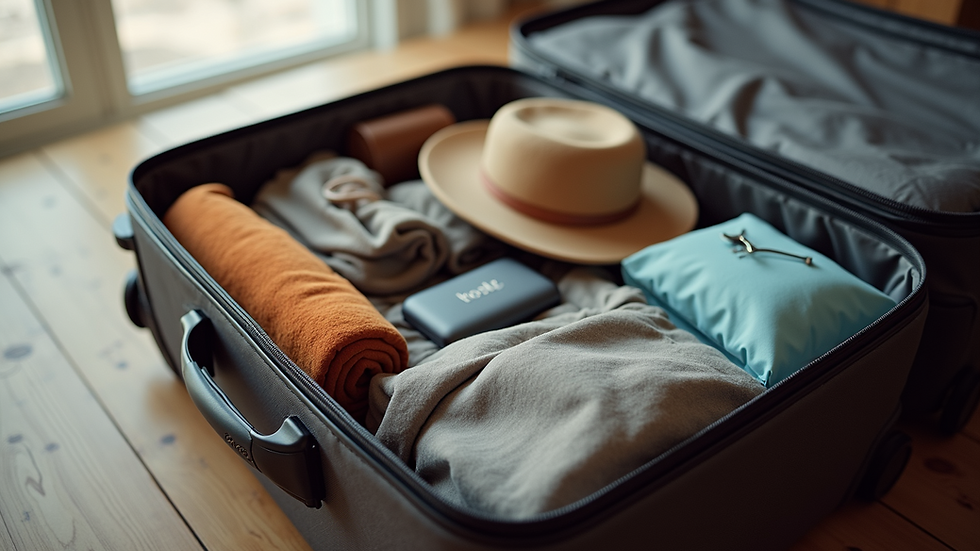 Eye-level view of a packed suitcase with travel essentials