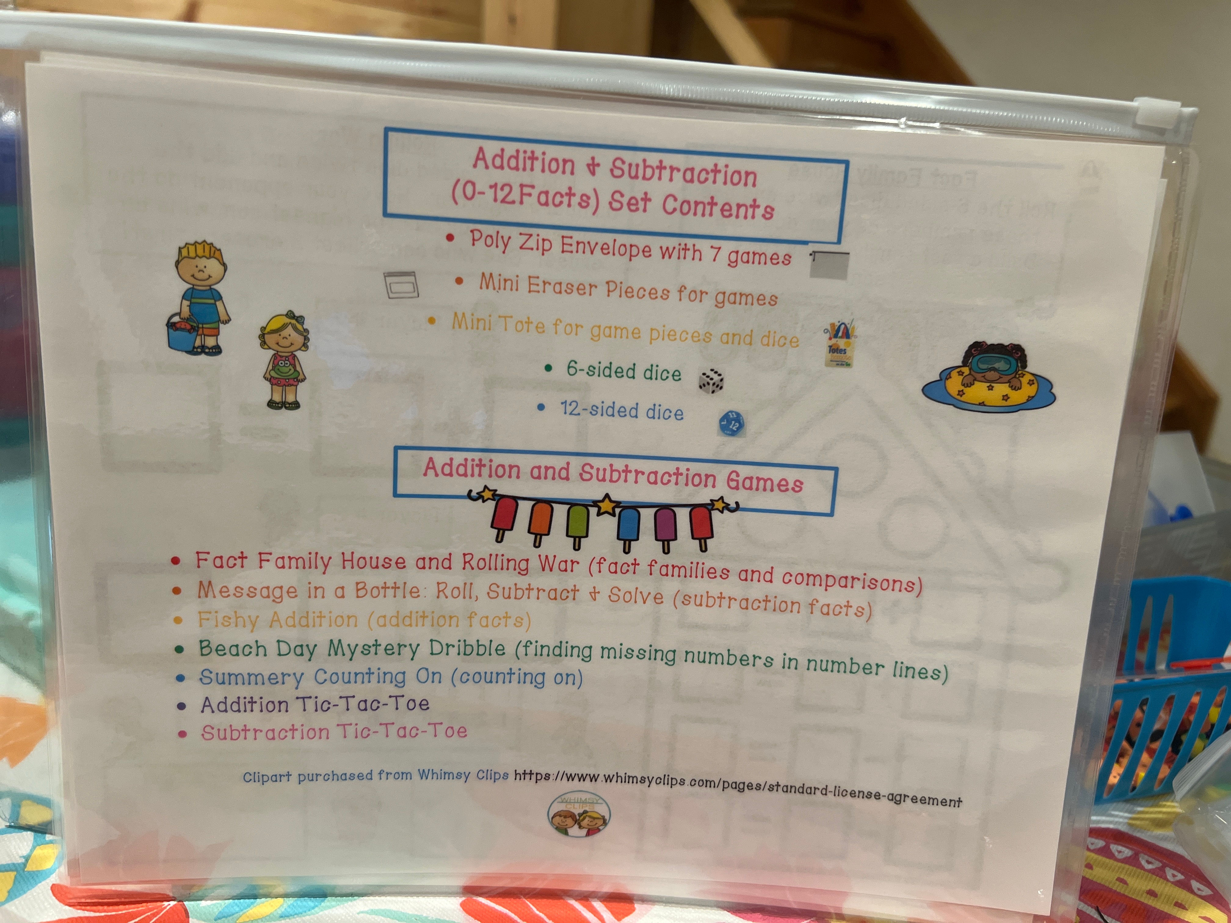 Summer Fun Addition and Subtraction Games (0-12 facts)