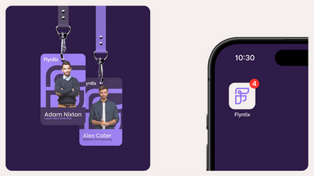 Employee ID card mockups for Flyntix team members alongside the mobile app icon on a smartphone screen.