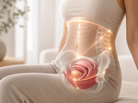 Woman learning about pelvic floor dysfunction in women, recurrent UTIs, bladder symptoms, pelvic pain, and painful intercourse