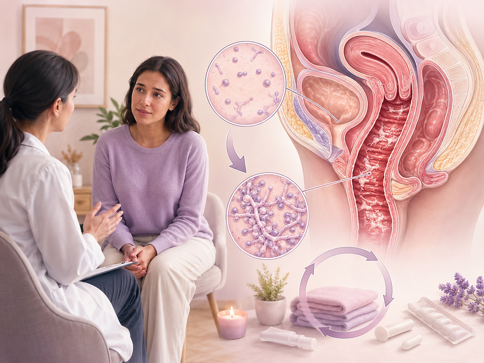 Woman learning about yeast infections in women, Candida overgrowth, vaginal itching, recurrent yeast infections, and treatment options