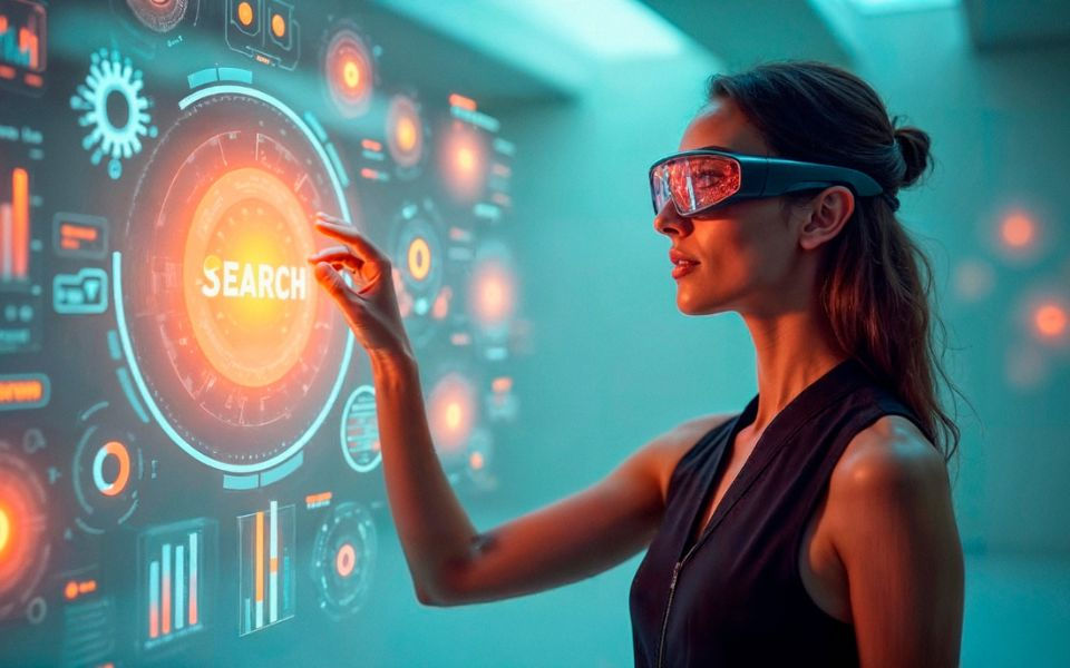 A researcher engaged with an advanced virtual interface, utilizing augmented reality technology to explore an AI overview.