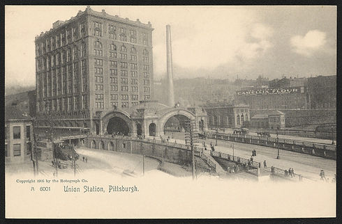 Vintage 1905 sepia-toned postcard of Union Station in Pittsburgh, featuring the grand arch