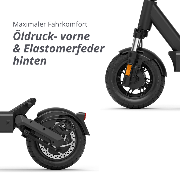 schwarzer e-Scooter Vorderrad und Hinterrad nebeneinander