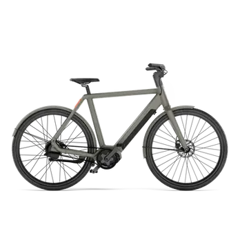 graues Herren e-Bike im modernen Design mit schwarzen Reifen, seitlich