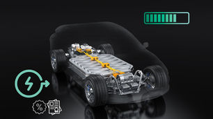 Schematische Darstellung einer Autobatterie im Elektroauto mit Ladeicons