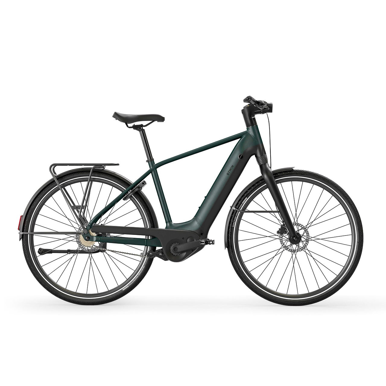 Dunkelgrünes e-Bike vor weissem Hintergrund