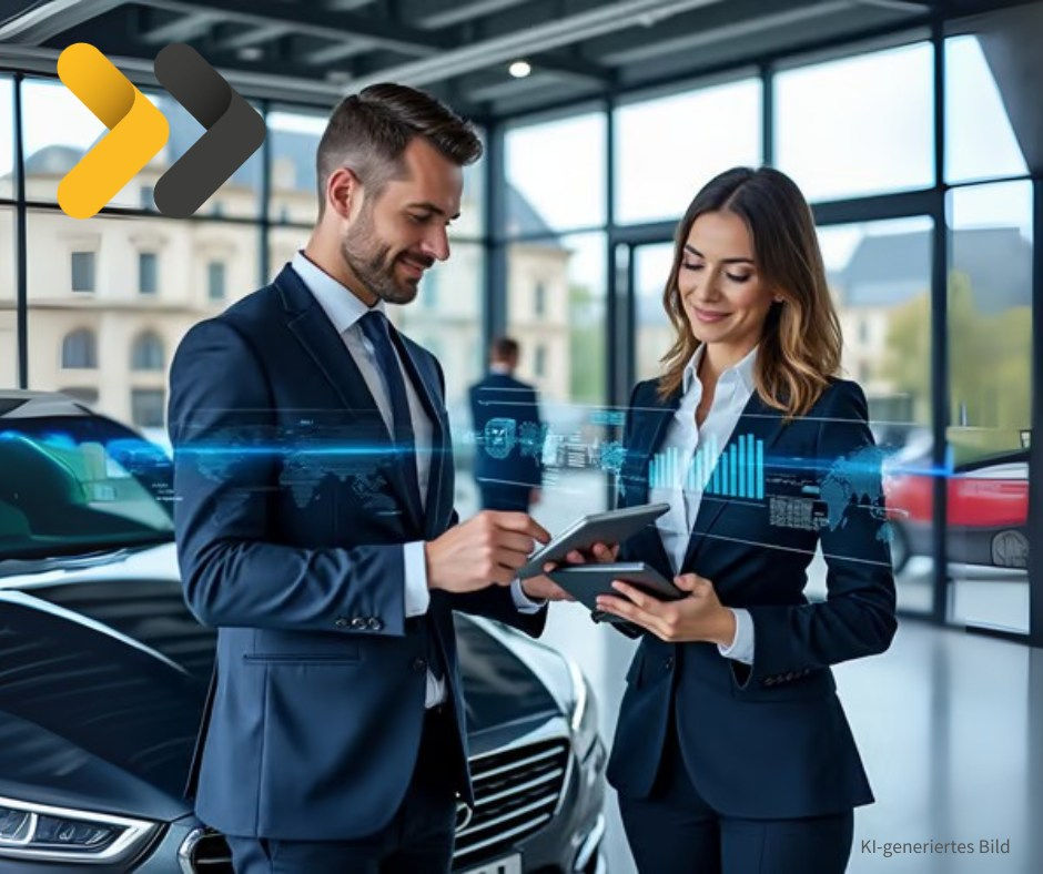 Mann und Frau mit Tablets im Autohaus