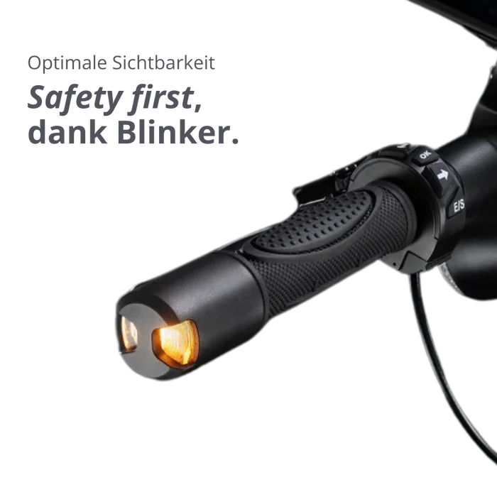 schwarzer e-Scooter mit Blinker am Lenkergriff