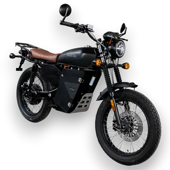 schwarzes e-Motorrad mit brauner Sitzbank
