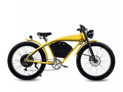 gelbes Retro Cruiser e-Bike mit schwarzen Fat-Reifen, seitlich