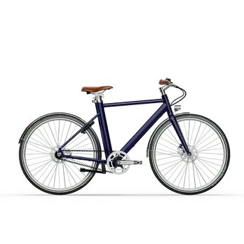 dunkelblaues e-Bike mit zeitlos modernem Design mit braunem Sattel und Lenker, seitliche Ansicht