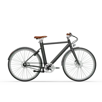 dunkelgraues e-Bike mit zeitlos modernem Design mit braunem Sattel und Lenker, seitliche Ansicht