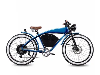 blaues Retro Cruiser e-Bike mit Weisswandreifen, seitlich