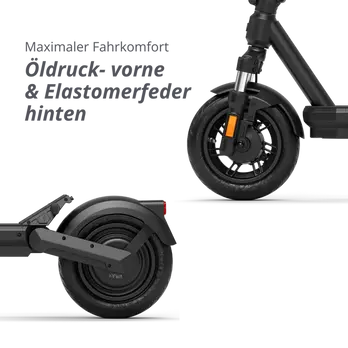 schwarzer e-Scooter Vorderrad und Hinterrad einzeln