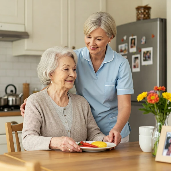 The image shows a kind caregiver assisting a senior with meal preparation in a warm kitchen setting. It aims to convey the comfort, trust, and professionalism associated with Nabilti's home care services.