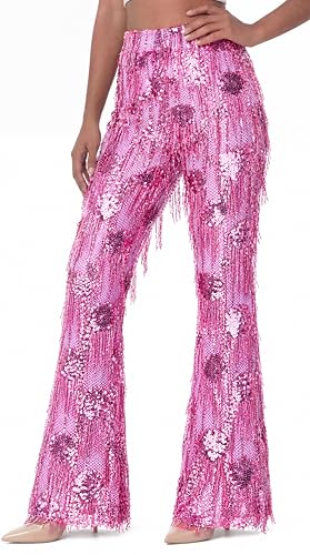 Rose Pink Sequin Fringe Flare Pants