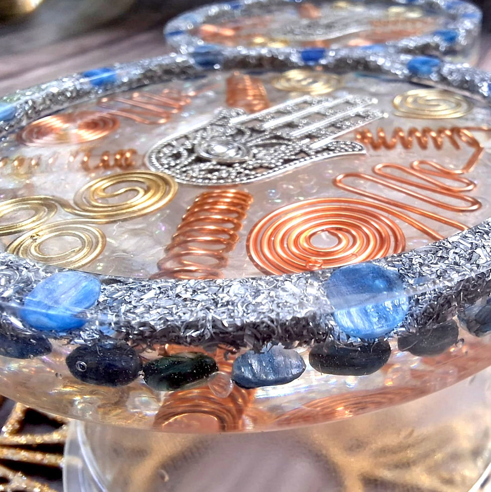 Thumbnail: Blue Kyanite Hamsa Orgonite Charging Plate