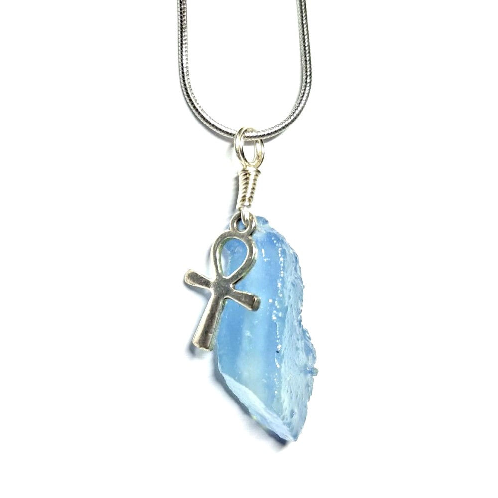 Aquamarine Necklace with Silvery Ankh, Symbol of Life