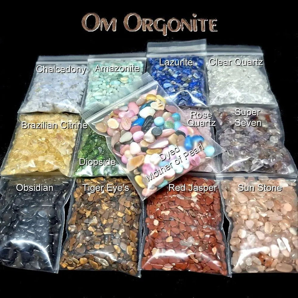 Popular crystal chips to be used in orgonite creations, packed in bags.