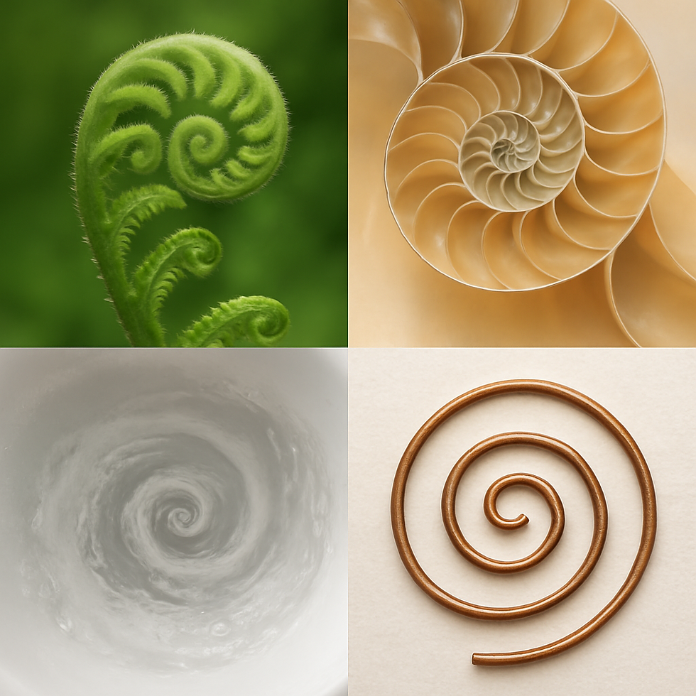 fern unfolding, seashell, water swirling, copper coils