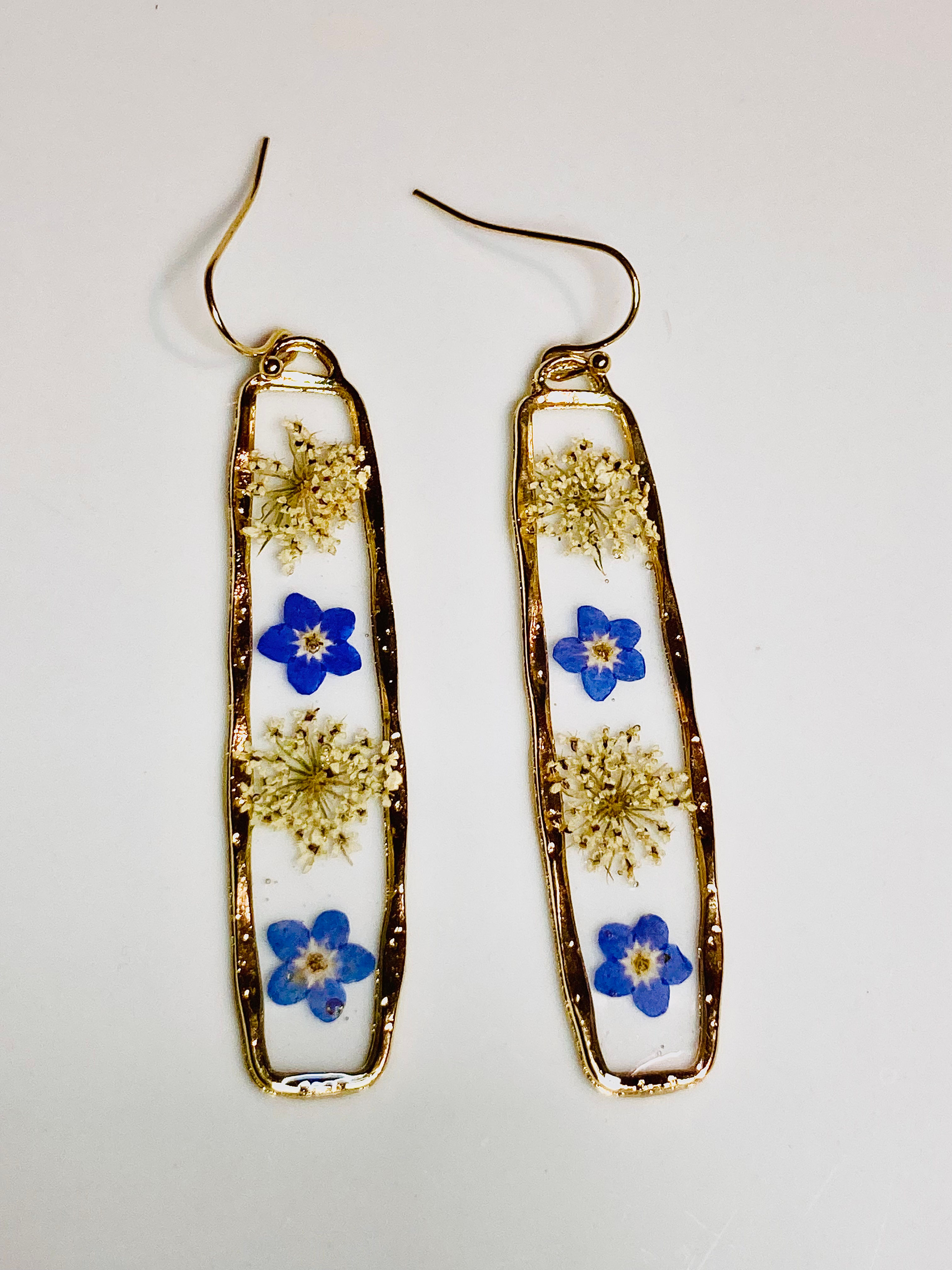 Long Irregular Rectangle Forget-Me-Not & Queen Anne’s Lace Earrings - Golden
