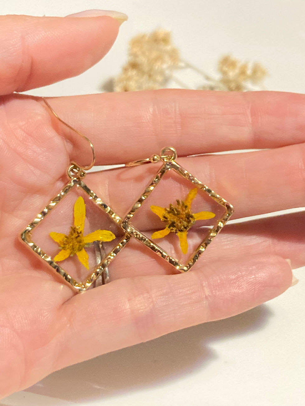 Thumbnail: Hammered Square Yellow Starflower Earrings