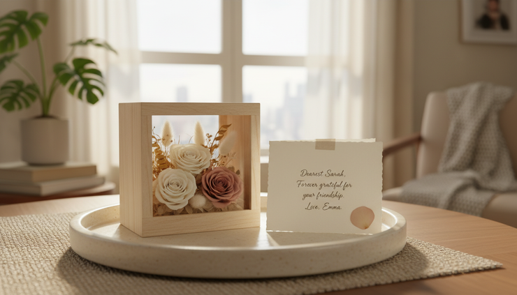 Eye-level view of a small preserved floral gift box beside a handwritten card.