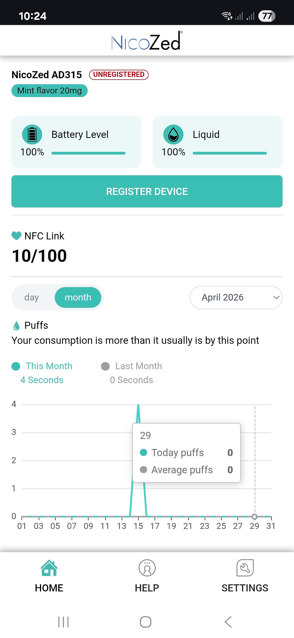 NicoZed NFC-enabled nicotine vaping device showing usage tracking and nicotine consumption monitoring for smoking cessation support