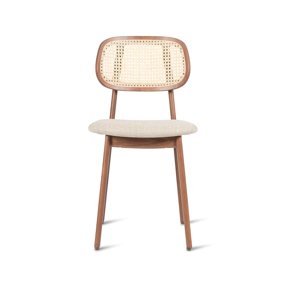 Thumbnail: Titus Vincent Sheppard Gestoffeerde eetkamerstoel met houten frame en vaste zitting in een elegant, slank ontwerp