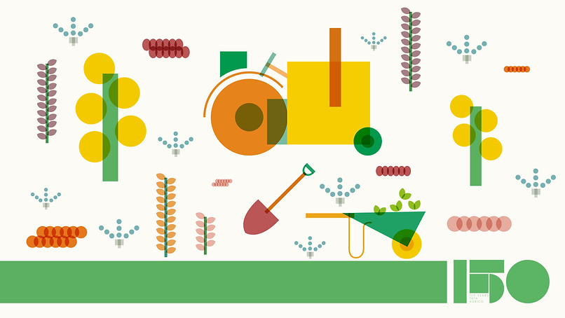 Agricultural scene illustrated by using shapes from the Tata 150 logo for Tata Agrico.