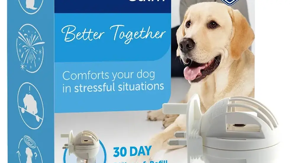 Dog and owner in a product ad for ADAPTIL Calm diffuser, promising stress relief for dogs. Box shows text and calming graphics.
