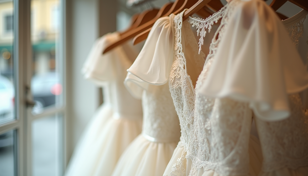 Elegant white wedding dresses with lace and flowing sleeves hang on wooden hangers by a bright window in a boutique setting.