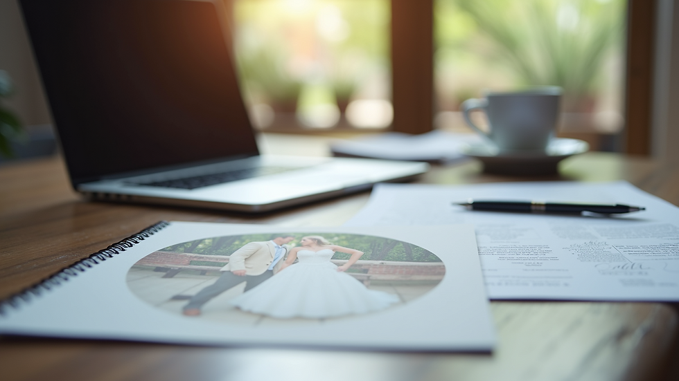Eye-level view of a wedding planner’s desk with a laptop and wedding brochures