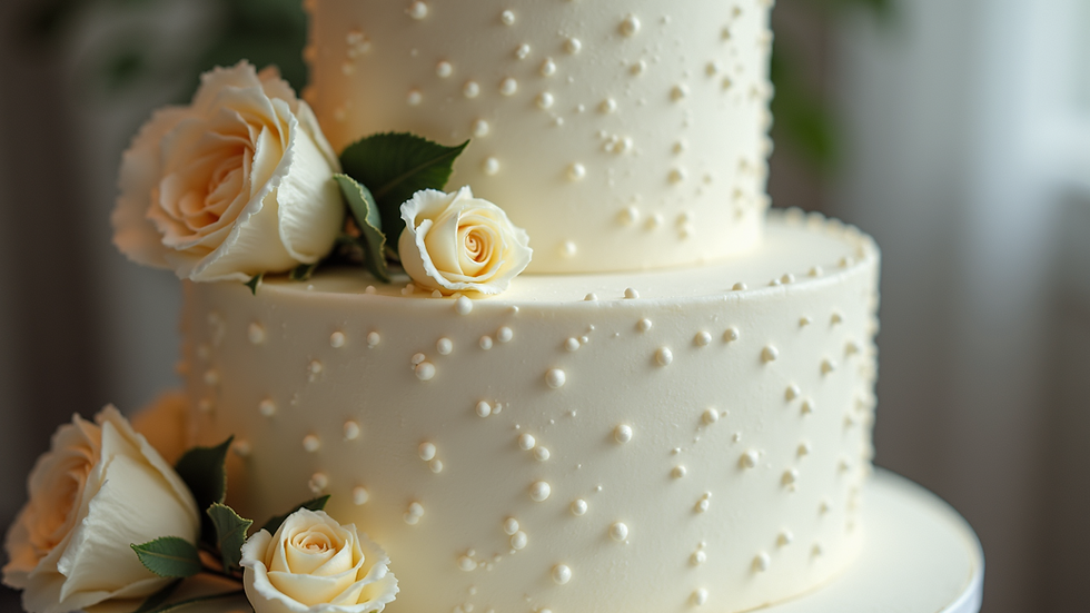 Close-up view of a multilevel wedding cake with white frosting and floral decorations