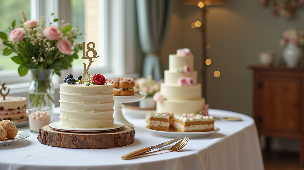 Eye-level view of a table adorned with a charming wedding cake and assorted dessert items