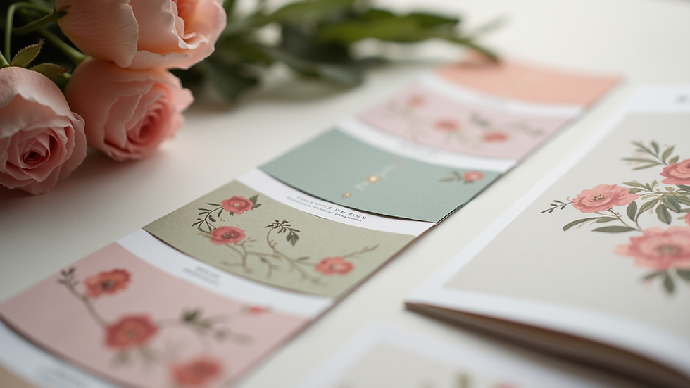 Close-up view of a wedding mood board featuring color palettes and floral arrangements