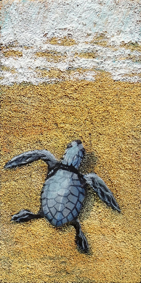 Painting of a baby turtle crawling across the sand