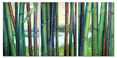 Painting depicting a collection of green bamboo stalks in front of a serene lake