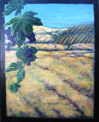 Painting depicting the rolling hills of the Napa Valley vineyards in the distance