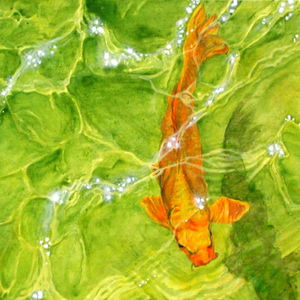 Painting of a bright orange koi swimming in a clear pond