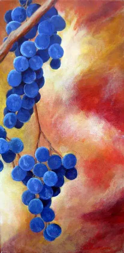 Painting depicting a close-up of a grapes hanging off a vine in front of a sunset-toned background