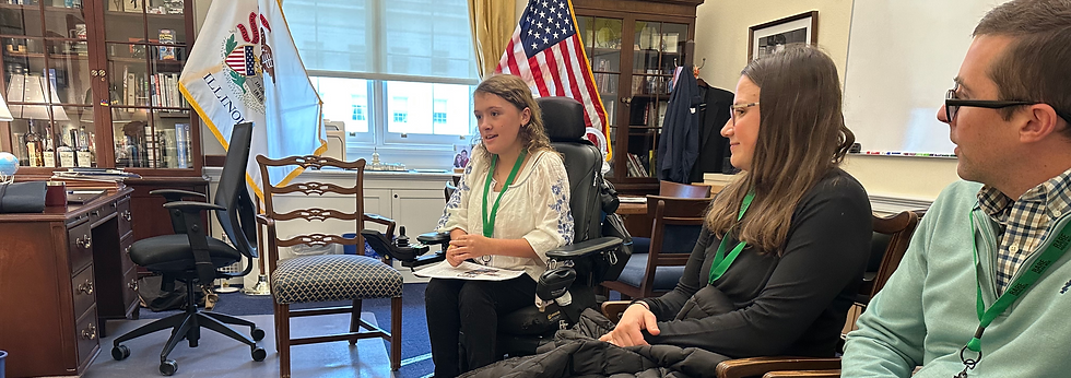Kassidy Chenoweth (11), alongside her parents Kaitlin and Kurt Chenoweth, advocating for rare disease research and support during a meeting with congressional staff from their home district.