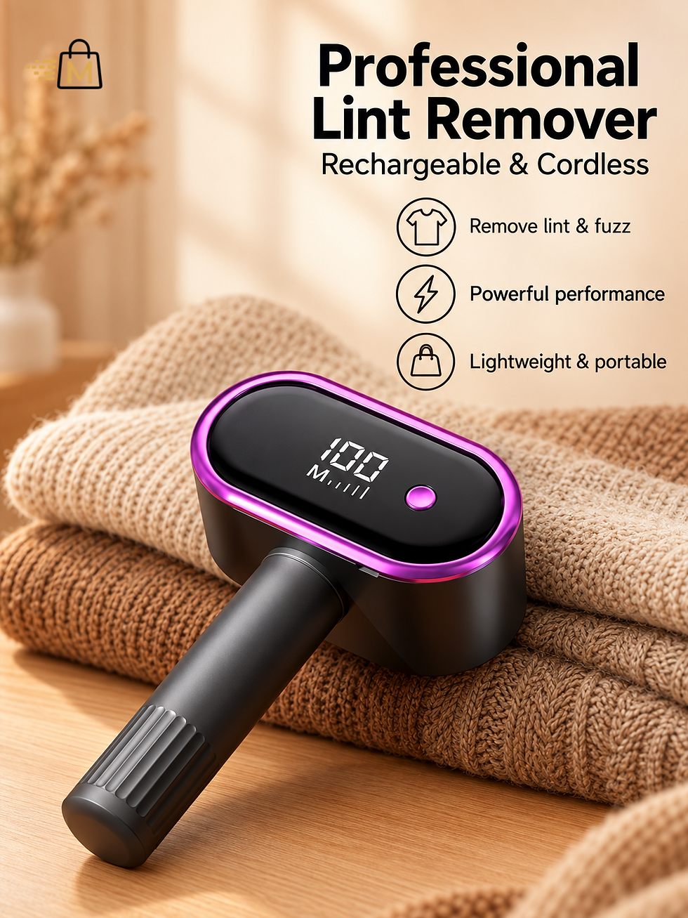 Black professional rechargeable lint remover with LED display on folded knitwear.