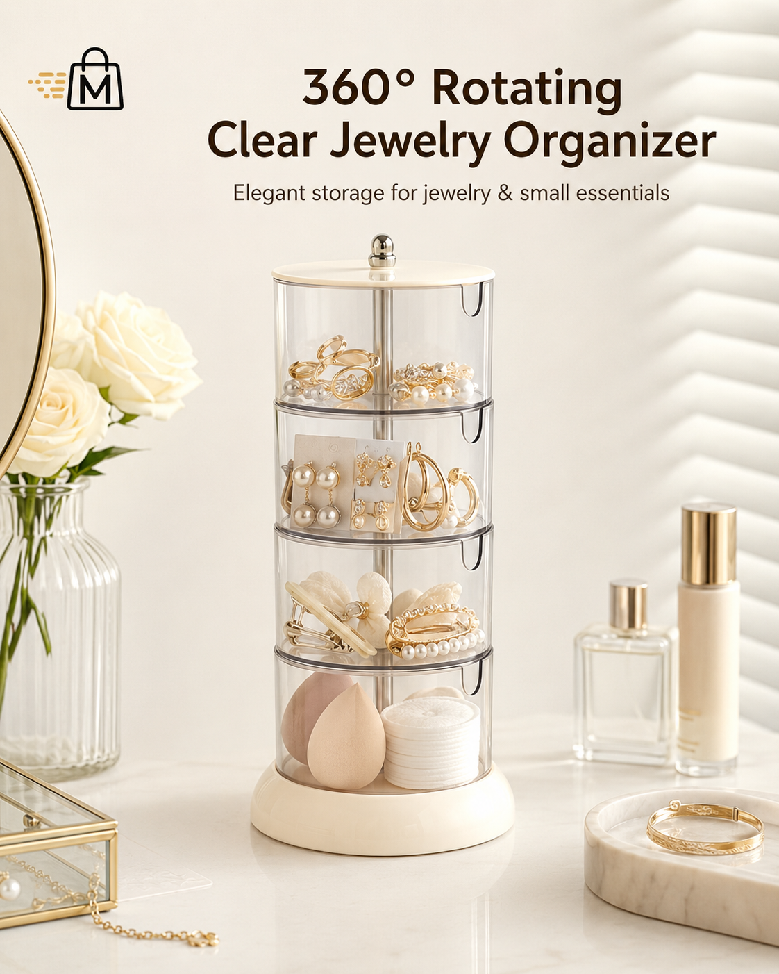 Clear 4-tier rotating jewelry organizer with lid, filled with jewelry and beauty accessories on a vanity.