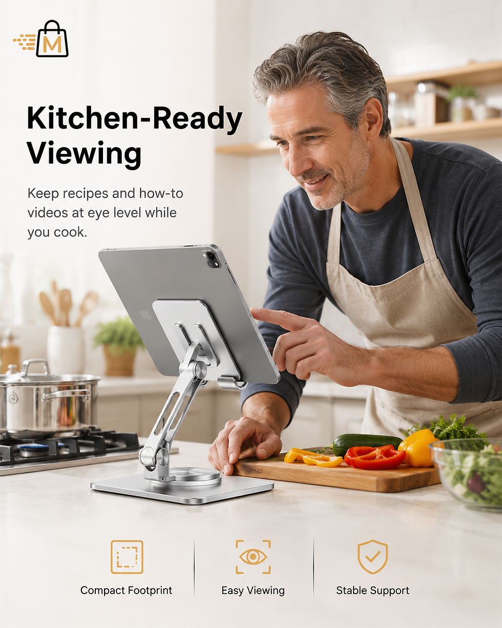 Adjustable aluminum tablet stand holding a device at a comfortable viewing angle.